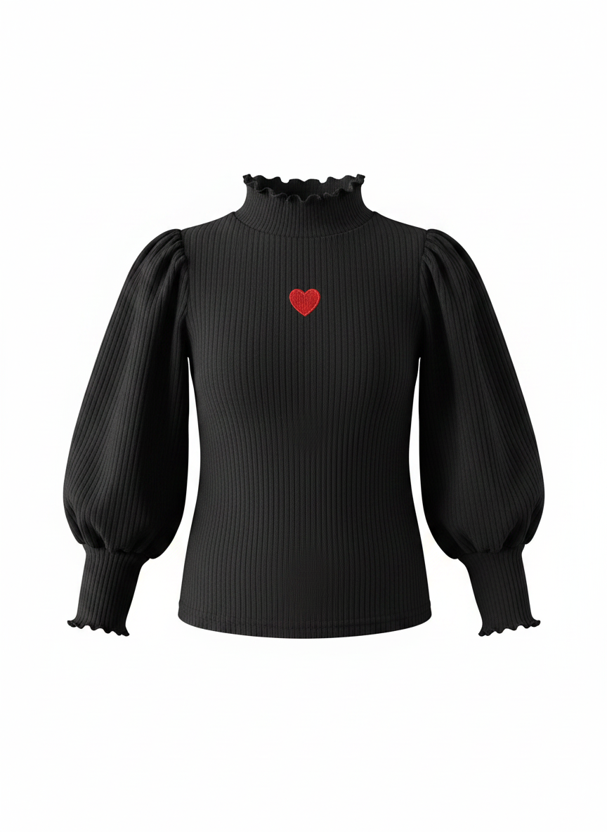 BIMBA - T-Shirt Manica Palloncino da Bambina con Cuore - Nero