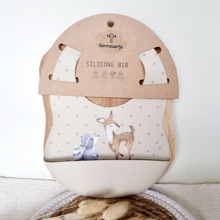 BIMBO/A - Bavaglino in silicone con vaschetta di raccolta Cervo e Procione - Beige