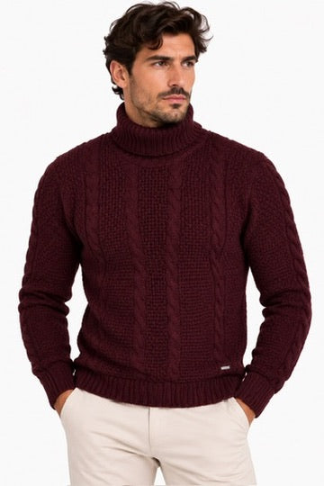 SOLO TG. XL e XXL -Maglione Collo Alto Tessuto INVERNALE TRECCIA - GIANNI LUPO - Col. Bordeaux - BW793