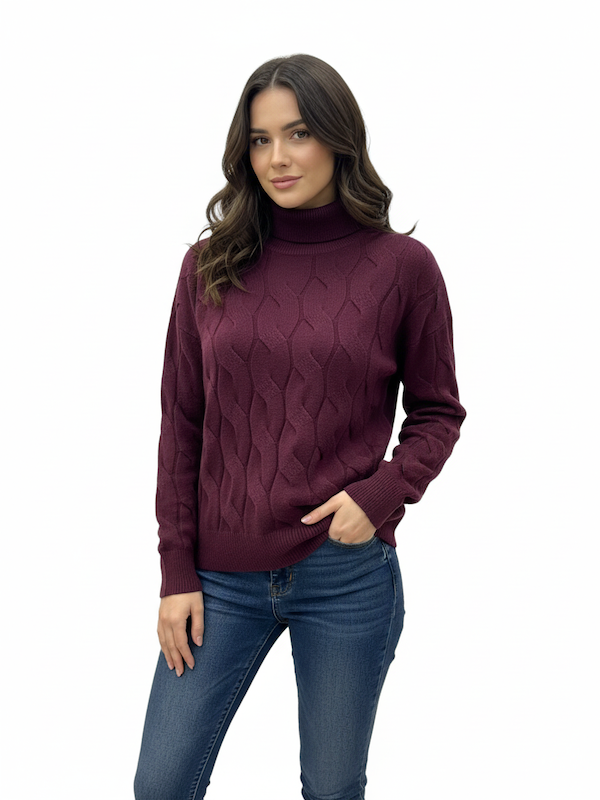 Maglia Scollo Vulcano a Trecce Fin.7 - GRIFFAI DGF5646 - Col. Bordeaux Melanzana