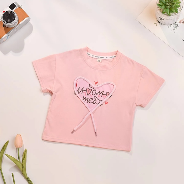 BIMBA - T-Shirt Manica Corta con Cuore Applicato - Rosa