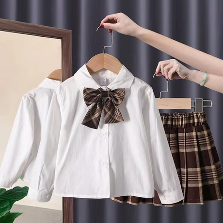 BIMBA - Completo 3 Pezzi da Bambina - Camicetta con Fiocco + Cardigan Bottoni Lavorati + Gonna Fantasia