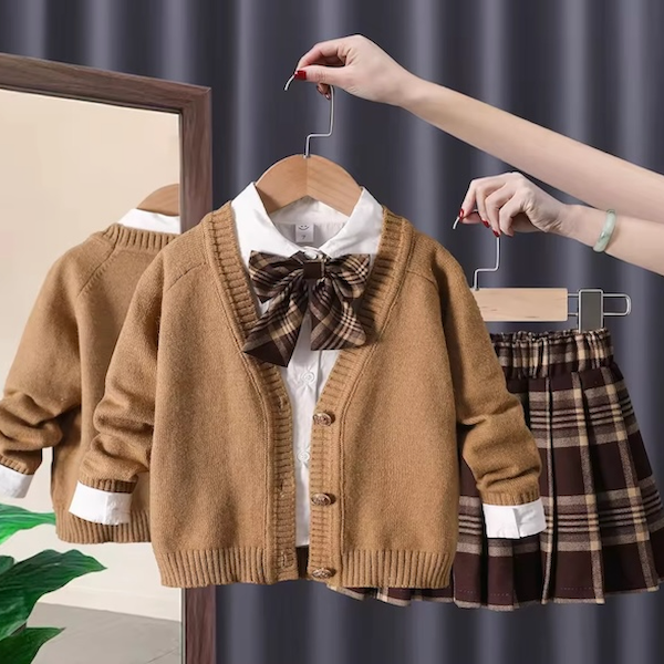 BIMBA - Completo 3 Pezzi da Bambina - Camicetta con Fiocco + Cardigan Bottoni Lavorati + Gonna Fantasia