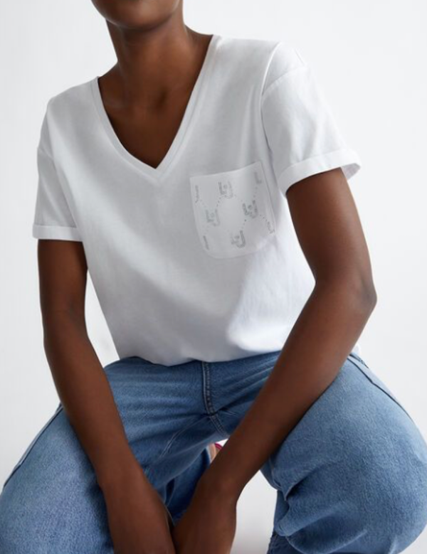 SOLO TG. S - LiuJo – T-shirt in jersey di cotone – Art: MA4323 J5904 – Col. Bianco con Taschino Scritta LiuJo