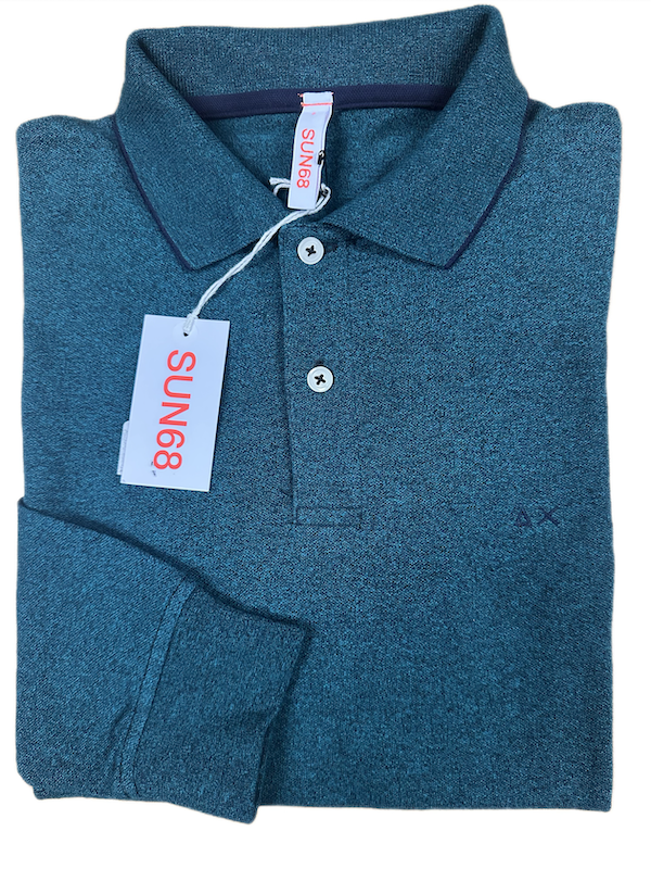 SOLO TG. S - SUN68 Polo - Polo Manica Lunga in Cotone Verde melange