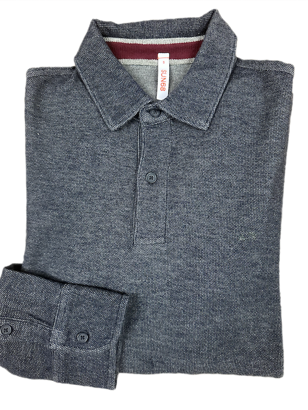 SOLO TG. S - SUN68 Polo - Polo Manica Lunga Blu Tessuto Lavorato