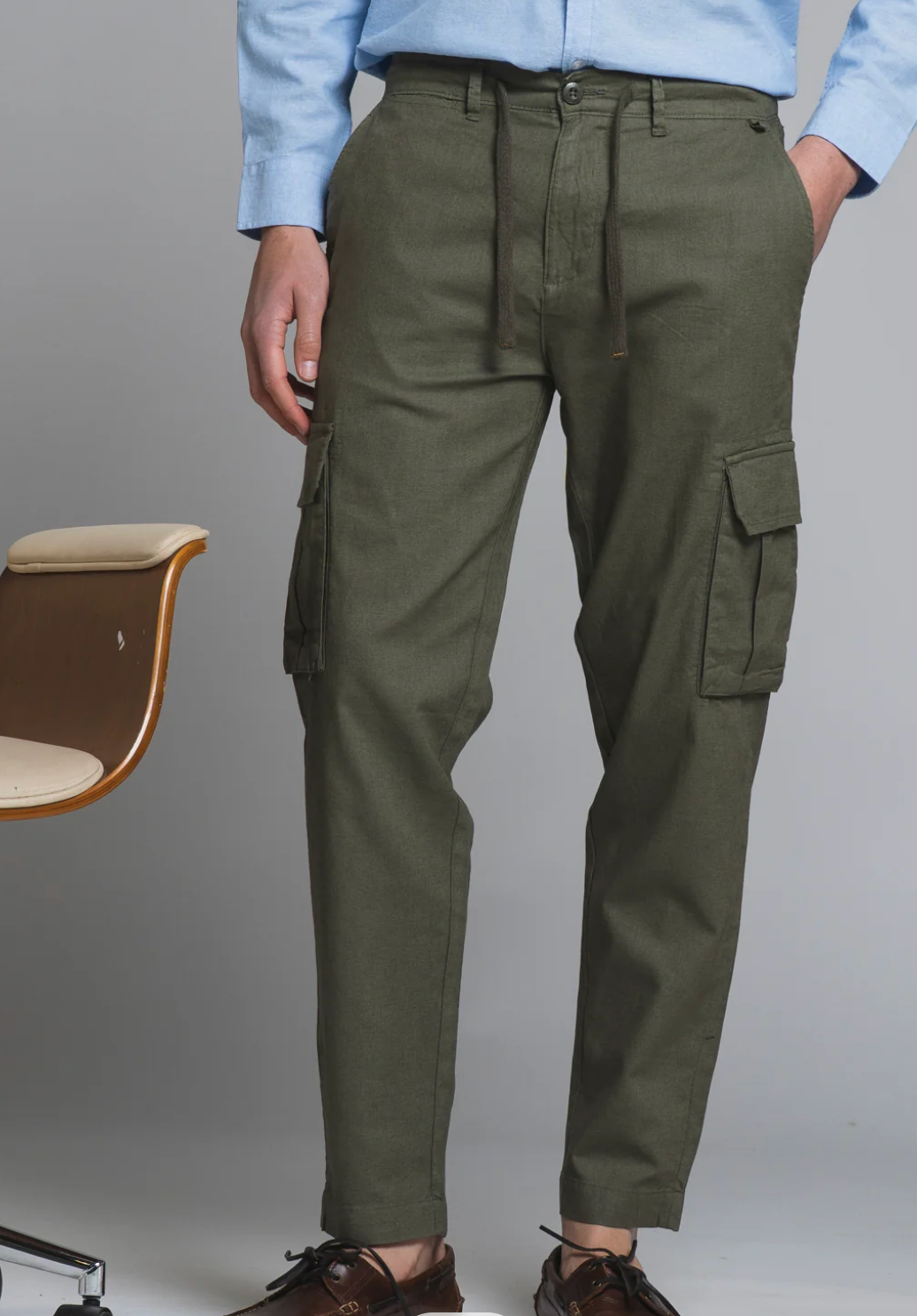 Pantalone 55% LINO- 45% Cotone Uomo - Regular Fit comodo in gamba - IMPURE Verde con laccio in vita e Tascone