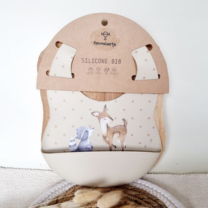 BIMBO/A - Bavaglino in silicone con vaschetta di raccolta Cervo e Procione - Beige