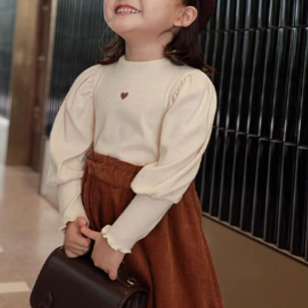 BIMBA - T-Shirt Manica Palloncino da Bambina con Cuore - Panna