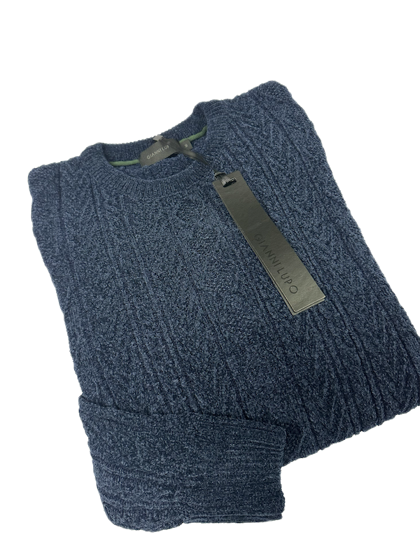 SOLO TG. L - Maglia Girocollo Tessuto Lavorato in Ciniglia INVERNALE - GIANNI LUPO - Col. BLU