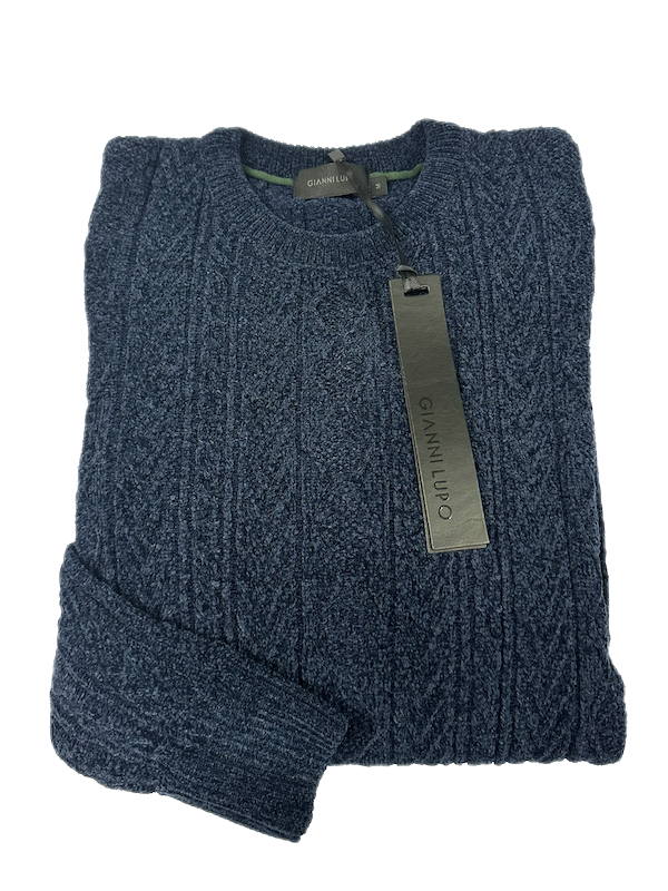 SOLO TG. L - Maglia Girocollo Tessuto Lavorato in Ciniglia INVERNALE - GIANNI LUPO - Col. BLU