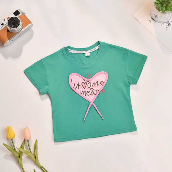BIMBA - T-Shirt Manica Corta con Cuore Applicato - Verde