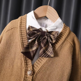 BIMBA - Completo 3 Pezzi da Bambina - Camicetta con Fiocco + Cardigan Bottoni Lavorati + Gonna Fantasia