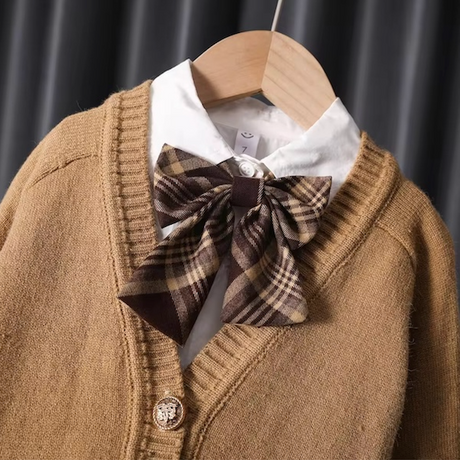 BIMBA - Completo 3 Pezzi da Bambina - Camicetta con Fiocco + Cardigan Bottoni Lavorati + Gonna Fantasia