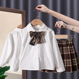 BIMBA - Completo 3 Pezzi da Bambina - Camicetta con Fiocco + Cardigan Bottoni Lavorati + Gonna Fantasia