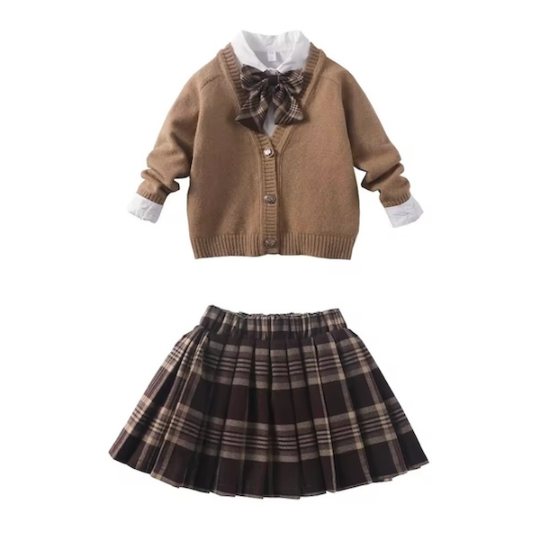 BIMBA - Completo 3 Pezzi da Bambina - Camicetta con Fiocco + Cardigan Bottoni Lavorati + Gonna Fantasia