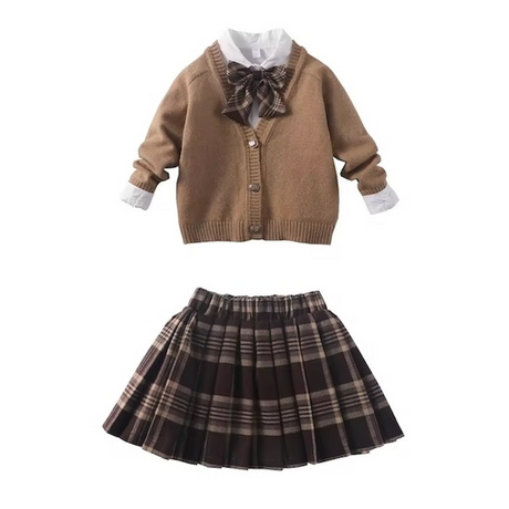 BIMBA - Completo 3 Pezzi da Bambina - Camicetta con Fiocco + Cardigan Bottoni Lavorati + Gonna Fantasia