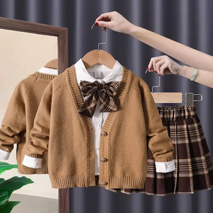 BIMBA - Completo 3 Pezzi da Bambina - Camicetta con Fiocco + Cardigan Bottoni Lavorati + Gonna Fantasia