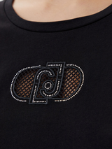 SOLO TG. XS - LiuJo - T-shirt in cotone con logo e strass - TA5180 JS923 - Nero - New