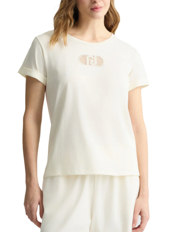 SOLO TG. XS LiuJo - T-shirt in cotone con logo e strass - TA5180 JS923 - Panna - New
