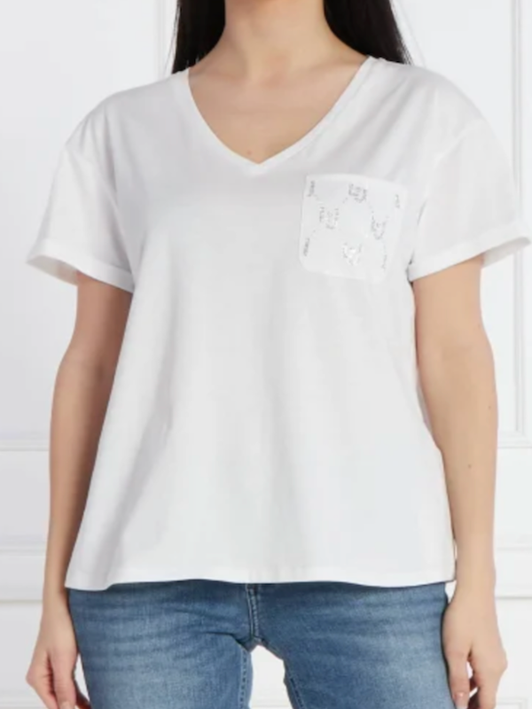 SOLO TG. S - LiuJo – T-shirt in jersey di cotone – Art: MA4323 J5904 – Col. Bianco con Taschino Scritta LiuJo