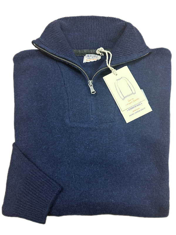 SOLO TG. M - Maglione Tessuto Invernale con Zip 80% LANA - IMPURE - Col. BLU
