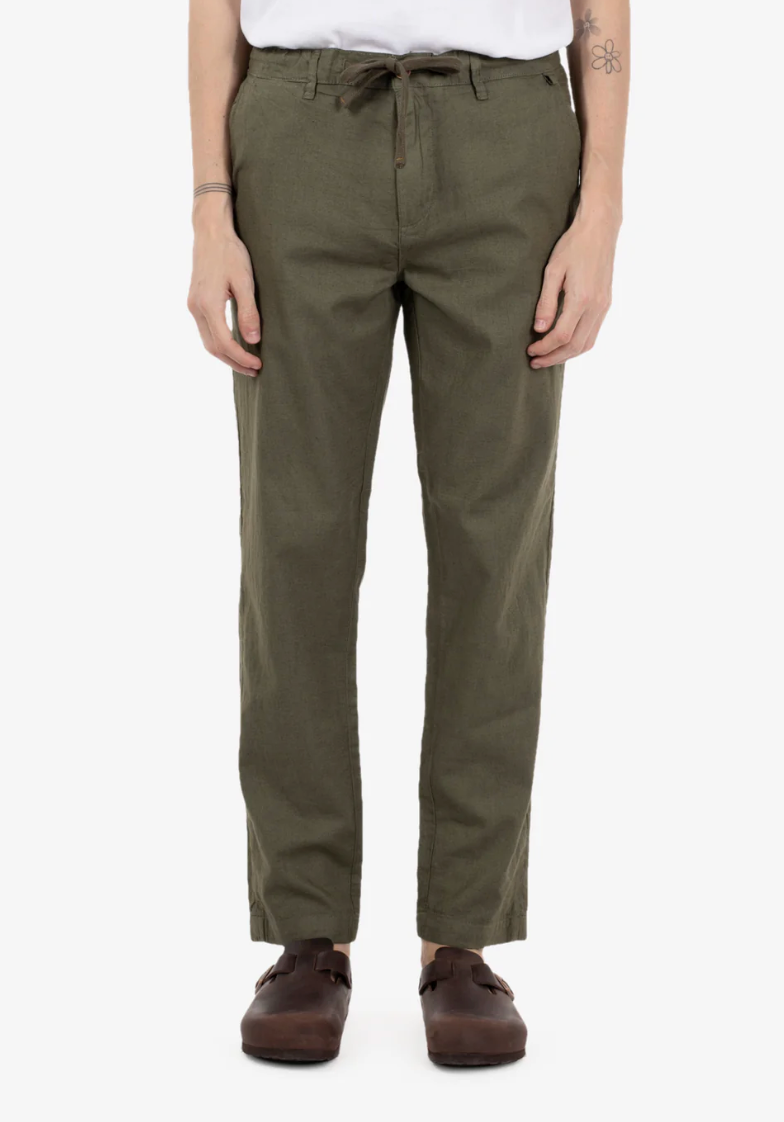 Pantalone 55% LINO- 45% Cotone Uomo - Regular Fit comodo in gamba - IMPURE Verde con laccio in vita ed elastico solo dietro