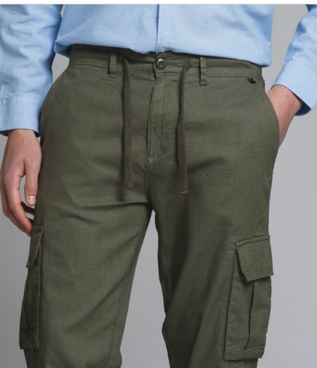 Pantalone 55% LINO- 45% Cotone Uomo - Regular Fit comodo in gamba - IMPURE Verde con laccio in vita e Tascone