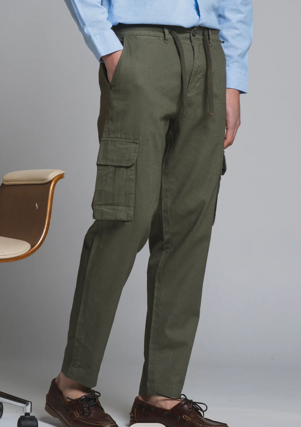 Pantalone 55% LINO- 45% Cotone Uomo - Regular Fit comodo in gamba - IMPURE Verde con laccio in vita e Tascone