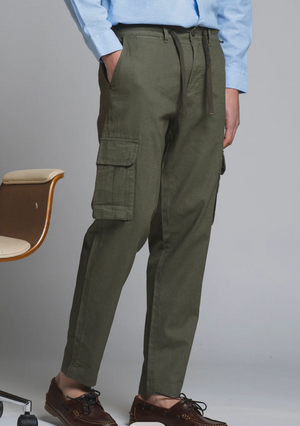 Pantalone 55% LINO- 45% Cotone Uomo - Regular Fit comodo in gamba - IMPURE Verde con laccio in vita e Tascone