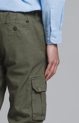 Pantalone 55% LINO- 45% Cotone Uomo - Regular Fit comodo in gamba - IMPURE Verde con laccio in vita e Tascone