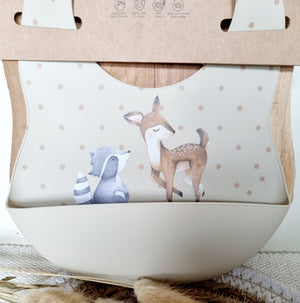 BIMBO/A - Bavaglino in silicone con vaschetta di raccolta Cervo e Procione - Beige